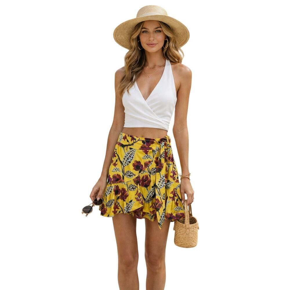 A.L.C. Women's Floral Print Ruffle Wrap Mini Skirt Yellow Size 0